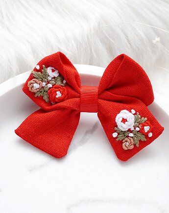 HAFTOWANA Spinka / opaska do włosów świąteczna kokarda CZERWONA, FILIPOLA