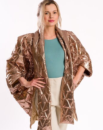 Metaliczne pikowane poncho, brązowo-miedziane, rękaw nietoperz, Torri Design