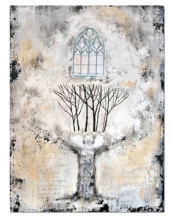 Fairy tree 5, nowoczesny obraz ręcznie malowany, drzewo collage, Galeriai