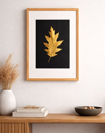 Złoty Liść Dębu. Obraz Botaniczny. Drewniana Ramka Dąb 20x30cm, Kuźnia Obrazów