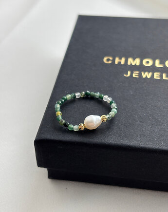 Pierścionek elastyczny Agat Zielony i Perła, Chmolowska Jewellery