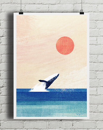 Plakat Wieloryb - zachód słońca nad oceanem, minimalmill