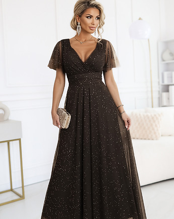 635-4 MELANIA błyszcząca suknia z dekoltem i krótkim rękawem - czekoladowa, NUMOCO