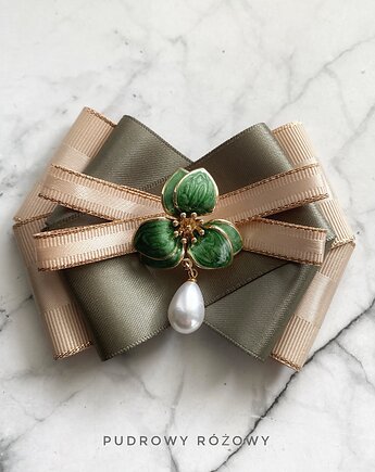 Brosza z zielonym Kwiatem i perłą Nowość, Pudrowy Różowy