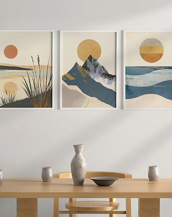 Plakaty zestaw/tryptyk natura, góry, morze, jeziora, w stylu mid-century., Grawisfera