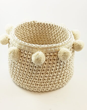 Kosz w stylu boho z pomponami - kremowy ze złotą nicią, Craftbags