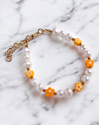 Bransoletka : DAISY : perły naturalne i szklane kwiatuszki, kaktusia