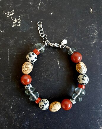 Bransoletka ROOTS prasiolit, jaspis dalmatyński, czerwony, modesign