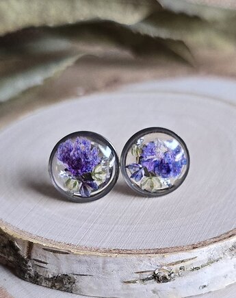 Wieczne kwiaty fioletowa gipsówka z kwiatami kolczyki srebrne, zkwiatem