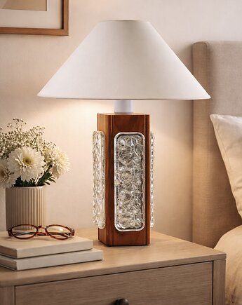 Skandynawska lampa stołowa teak & szkło strukturalne lata 60/70 54 cm, Strzecha