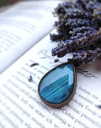 Wisior miedziany z błękitnym labradorytem łezka pasiasta, Treemasters Copper Jewelry