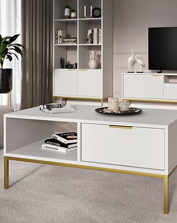Stolik kawowy z półką i szufladami SKIEN 100 cm biały & złote, Scandi Home Style