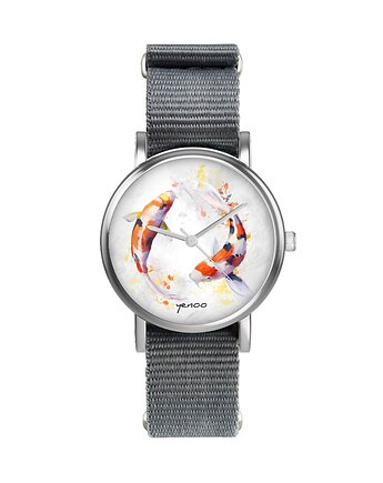 Zegarek  mały - Karpie Koi - nylonowy, szary, yenoo