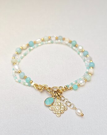 Podwójna Bransoletka Perełki z Amazonitem Srebro Zł, ILEA