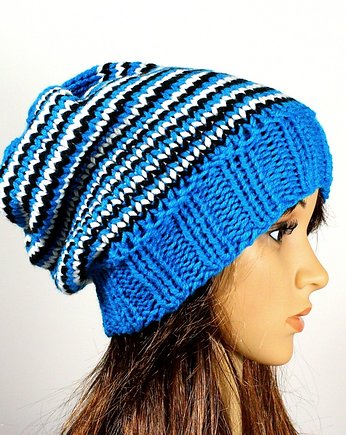 Czapka beanie hipster krasnal turkusowa w paseczki, RękaProduction