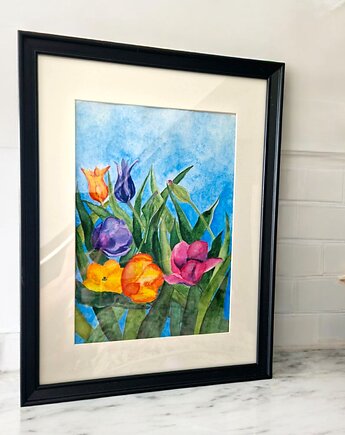 Autorskia oryginalna akwarela kwiaty tulipany w ramie, Arto Teka