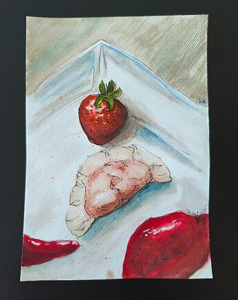 Truskawkowy szał Obraz akwarela z truskawkami truskawki 15x21, kkjustpaint Karolina Kamińska