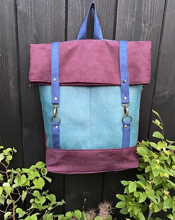 Plecak  włóczykija - oberżyna, turkus, kobalt, PRACOWNIA 166