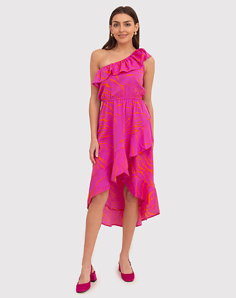 Sukienka z falbanką na jedno ramię w kolorze różowym DA1722 PINK, AX Paris