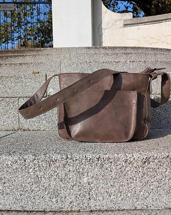 Brązowa kakaowa skórzana torebka listonoszka, Łagoda