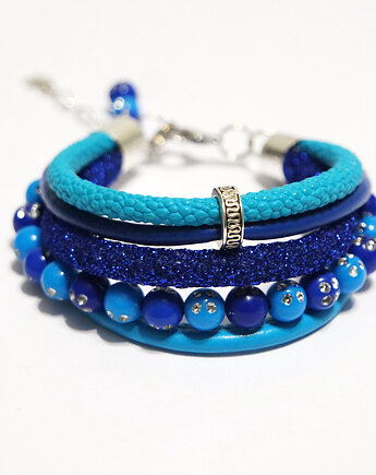 Bransoletka - Niebieska, indygo - rzemienie, koraliki, yenoo