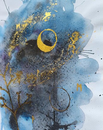 Abstrakcja Nocne Niebo Akwarela Złoto Księżyc Runy Ezoteryka 30x42, kkjustpaint Karolina Kamińska