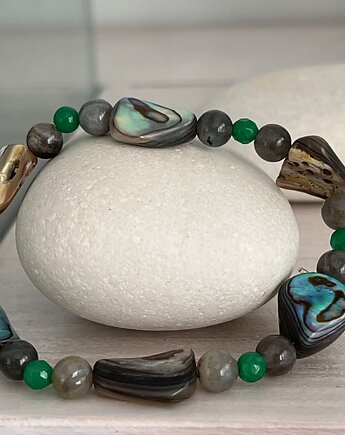 BRANSOLETKA - AMULET - Macica perłowa, kamień księżycowy,jadeit, Ade Art
