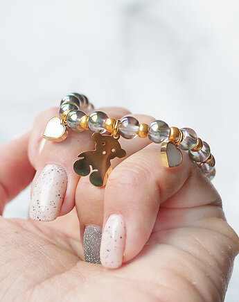 ŚLICZNA BRANSOLETKA z misiem i serduszkami z masą perłową, Chodelska Art Studio