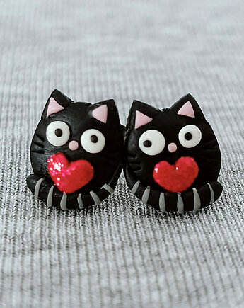 Kolczyki czarne kotki z serduszkiem, OMIFIMO