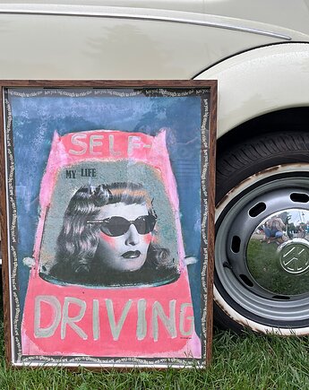 Plakat SELF DRIVING grafika dla fanki motoryzacji feministyczny plakat dla niej, BEATNIK illustration