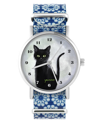 Zegarek - Czarny  kot , cyfry - niebieski, kwiaty, yenoo