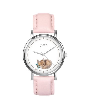 Zegarek  mały - Lisek - skórzany, pudrowy róż, yenoo