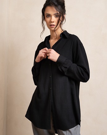 Lniano-wiskozowa lejąca koszula, DEEP BLACK, czarna, Yanowska