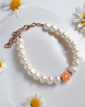 Bransoletka : DAISY : perły naturalne i szklany kwiatuszek, kaktusia