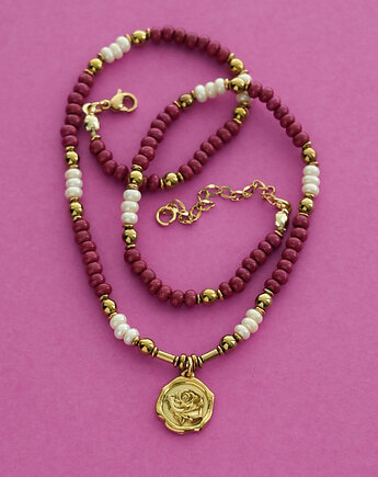 Elegancki naszyjnik perłowo-ceglasty z różą, AT NOON