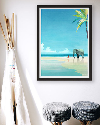 Egzotyczne wakacje - lazurowa plaża ze słoniem - plakat fine art, minimalmill