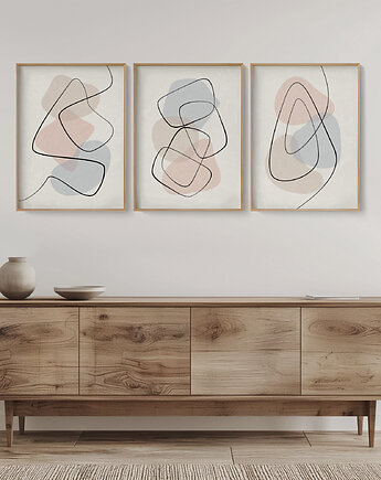 Zestaw 3 stylowych plakatów na ścianę, abstrakcyjne, one line art., Grawisfera