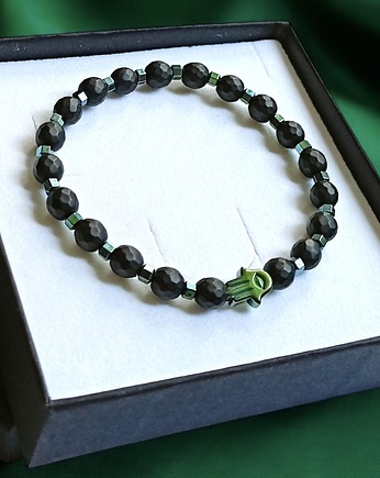 HAMSA - ochrona - fasetowany onyks mat, hematyt emerald, kaktusia