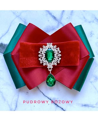 Świąteczna Brosza z zielonym kryształem NEW Mikołajki, Pudrowy Różowy