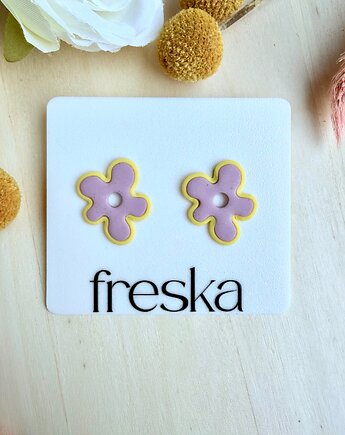 Kolczyki Kwiaty graficzny kontrast - różowo-żółte z drobinkami, freska