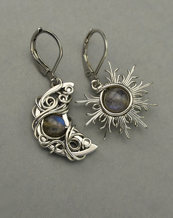 Asymetryczne kolczyki księżyc i słońce labradoryt wire wrapping, Agata Rozanska