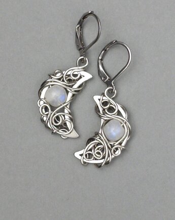 Kolczyki księżyce kamień księżycowy wire wrapping, Agata Rozanska