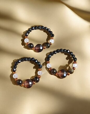 OCHRONA - pierścionek - turmalin, obsydian, kwarc dymny, kryształ górski, kaktusia