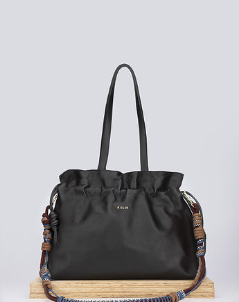 Elegancka torba czarna Shopper Bag z marszczeniami i plecionym paskiem, OKAZJE - Prezent na Wieczór panieński