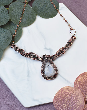Miedziany naszyjnik wire wrapping z kamieniem księżycowym #506, Spirit Of Copper