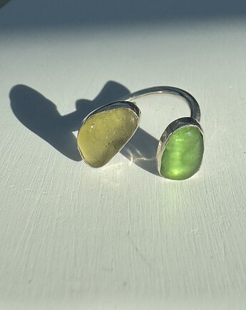 Pierścionek Open ze szkłem morskim Doubletrouble, bluewavestudio