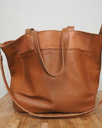 Duża koniakowa skórzana torba z dużymi kieszeniami, Łagoda