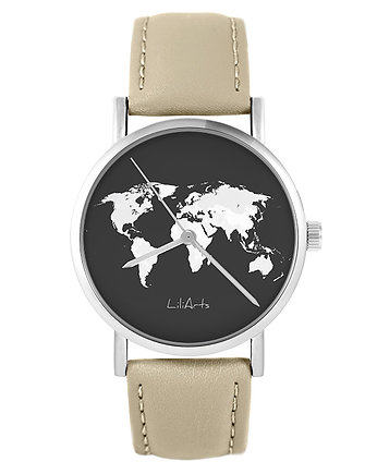 Zegarek yenoo - Mapa świata - skórzany, beżowy, OSOBY - Prezent dla Chłopaka