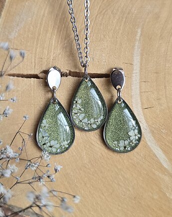 Komplet zawieszka i kolczyki srebrne z kwiatami zielony łezki, zkwiatem