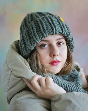 WOOLY Komplet wełniana czapka i komin "szałwia", sploteka